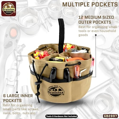 Graintex 18 Pockets Grab Bag Rip-stop Canvas Drawstring Closure, Small Part Organizer Pouch, Small Tools, Screws, Parts, Parachute Tool Bag for Efficient Storage - Khaki - color: Khaki