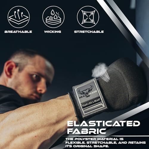 BEAST RAGE Inner Gloves with Hand Wraps Quick Wrap Long 36" Wrist Support MMA Muay Thai Bandages Punching Martial Arts Training Men Women Kickboxing Bandages Under Bag Gloves - color: Black Rage, size: M (Adult)