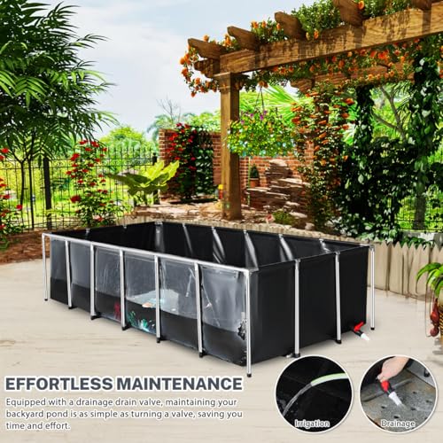 Hemobllo Above Ground Pool with Clear Viewing Panel and Drain Valve, 750 Gal Canvas Fish Pond for Outside Rectangular Goldfish Tank with Stainless Steel Frame for Backyard Breeding Koi Outdoor - Black