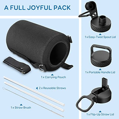 Coolflask 128 oz Gallon Water Bottle Insulated with Straw & 3 Leakproof Lid - color: Magic Black, size: 128 Ounces