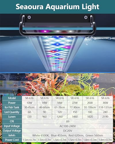 SEAOURA Led Aquarium Light for Plants-Full Spectrum Fish Tank Light with Timer Auto On/Off, 36-42 Inch, Adjustable Brightness, White Blue Red Green Pink LEDs with Extendable Brackets for Freshwater - size: for 36-42 inch tank