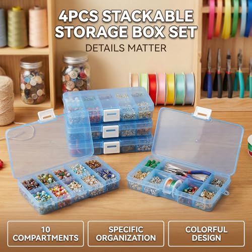 4-Pack Plastic Organizer Boxes with 40 Grids, Stackable Jewelry & Craft Storage Case, Waterproof Hardware Parts Holder Portable DIY Hobbyist, Beads and Fishing Tackle (Blue)