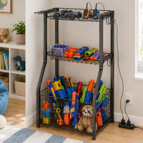 YueTong Garage Sports Organizer with Ball Rack, Bat Holder and 4 Hooks - color: Black – Fixed Feet