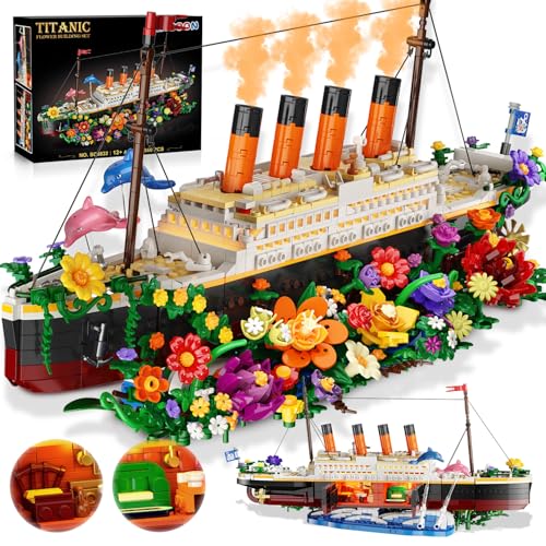 INSOON Botanical Titanic Ship Building Set with Lights, 1860 PCS Floral Display Model, Home Decor Building Kit for Adults, Unique Gift for Women, Flower and Titanic Lovers