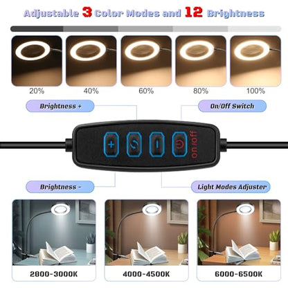 10X Magnifying Glass with Light, Clip on Mganifier with Light, 48 LED Desk Magnifying Glass wtih Clamp, 3 Modes Dimmable Magnifying LED Lamps for Bed Work Crafts DIY B