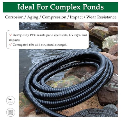 DAVCO 1" Dia. Corrugated Pond Tubing 1-Inch ID, 20 FT Length, Black PVC Kinkproof Strong Flex Vinyl Tubing for Pond Pump Fountain Garden Waterfall, Non-toxic - size: 1"ID