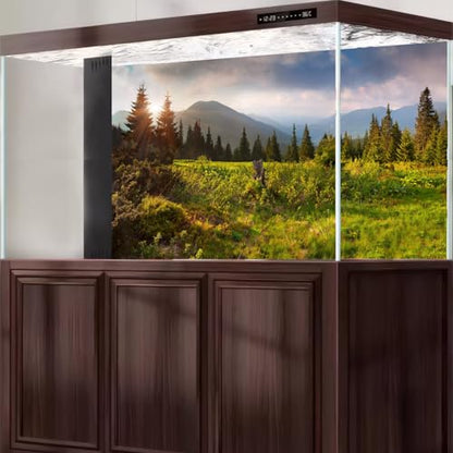 Sunrise Mountain Landscape Aquarium Background Lush Green Wild Meadow Plants Pine Trees Fish Tank Background Misty Foggy Cloudy Blue Sky Mountain Ridge Reptile Tank Terrarium Backgrounds 30x12in