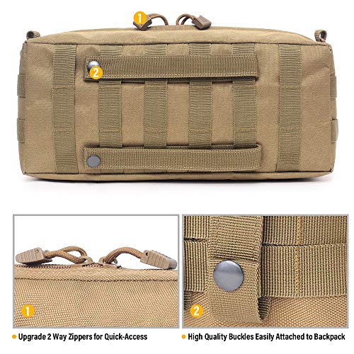 WYNEX Large Molle Pouch, Side Admin Sustainment Pouch for Tactical Backpack | Molle Attachments Bag, Vertical Pack for Military Assault Backpack Army Rucksack, with Shoulder Strap for Use as Sling Bag - color: Khaki (upgraded) - 2 Packs