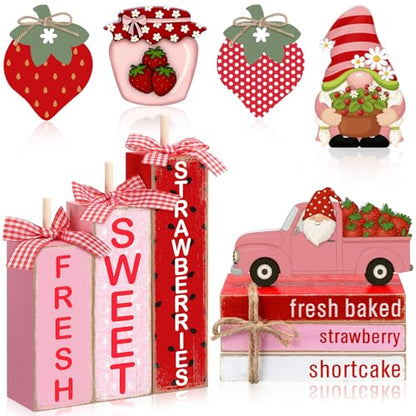 11 Pcs Strawberry Table Decorations Set Strawberry Tiered Tray Decor Spring Summer Wooden Top Farmhouse Rustic Wooden Coffee Table Centerpieces for Home Kitchen Office Decorations - style: Strawberry