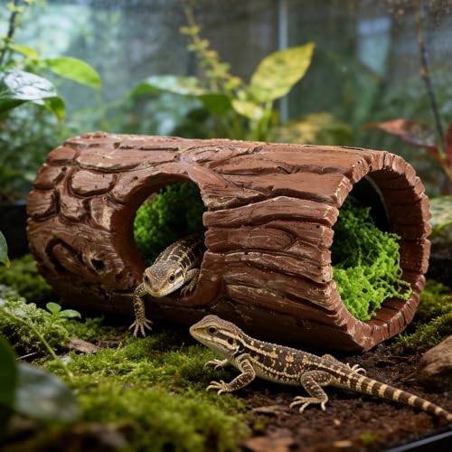 Reptile Hide Cave, Resin Hollow Tree Trunk Hideout with Faux Moss Set, Reptile & Amphibian Habitat Hideouts, for Arboreal Reptiles, Hermit Crabs, Leopard Gecko, Lizard Terrarium Decor