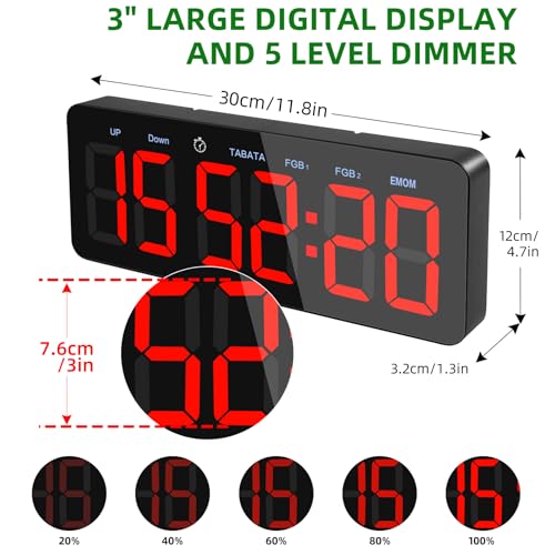 PELLOR Upgraded Gym Timer Clock for FBG/EMOM/Tabata, Interval Timer with Function Modes Display, Countdown/Up Stopwatch Clock for Sports,Home Gym,Yoga,Boxing,Garage,Office,Classroom