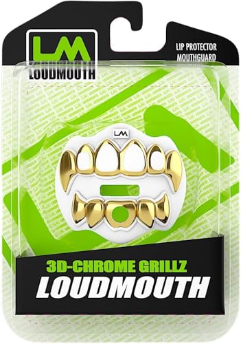 Loudmouth Football Mouth Guard for Youth & Adult - 3D Chrome Grillz White Gold Teeth Mouthpiece with Strap, No-Boil Braces-Friendly Sports Mouthguard (Chrome White/Gold) - color: 3d Grillz - Chrome White/Gold