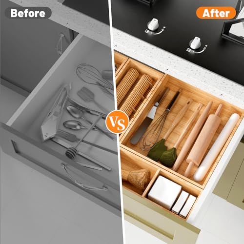 SpaceWhisper Bamboo Drawer Organizer, 5-Piece Drawer Divider with Removable Dividers for Organization and Storage, Multi-Use Stackable Storage Box & Utensil Holder for Kitchen, Office, Makeup & More