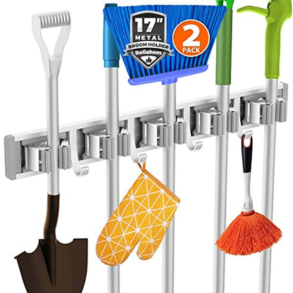 reliahom Broom Holder Wall Mount Mop Hanger Tools organizer 5Racks4Hooks,2P | Adjustable Mop Broom Wall Hanging Heavy Duty Tools Storage Rack Space-saving for Garage,Kitchen,Laundry Room,Garden, Silver - color: Silver