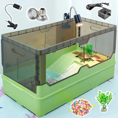 Turtle Habitat Tank Kit– Fresh Filtration, Waterplay Fun, Diverse Living, Heat Lamp, Water Pump and Convenient Water Changes in Tanks Habitat Kits Turtle cage (Green, Large) - color: Green, size: Large