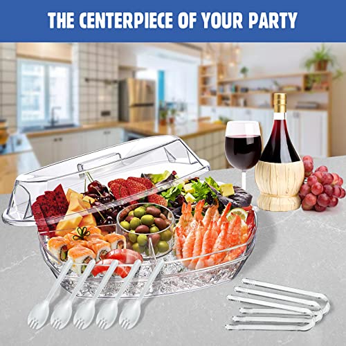 Chilled Serving Tray, 15" Clear Plastic Party Platter with 4 Compartments, Ice Serving Bowl with Lid, Shrimp Cocktail Serving Dish, Cold Food Buffet Server for Fruit, Veggie, Appetizer, Sushi - size: 15 Inch (Chilled Serving Tray）