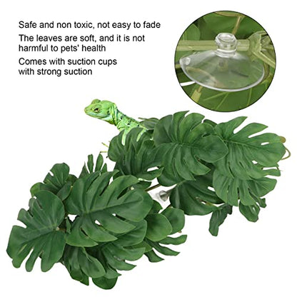 GLOGLOW Reptile Silk Plant Leaves, Jungle Vines Plastic Terrarium Plant Leaves Simulation Aquarium Decoration Tree Branch with Suction Cup for Terrarium Fish