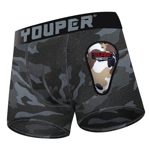 Youper Youth Elite Boxer Briefs w/Soft Athletic Cup, Boys Stretch Boxer Jock for Baseball & Football - color: Black Camo, size: Medium