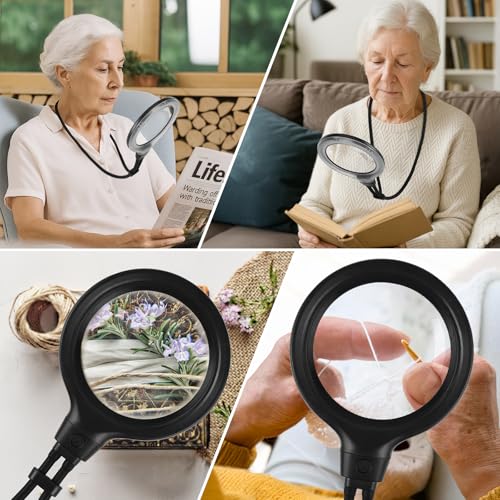 Hands Free Magnifying Glass with Light for Reading and Sewing | 1200mAh Rechargeable Battery • 12 LEDs with 6 Light Modes • Flexible Gooseneck • Adjustable Brightness • 4.6" Acrylic Lens - size: 4.6"
