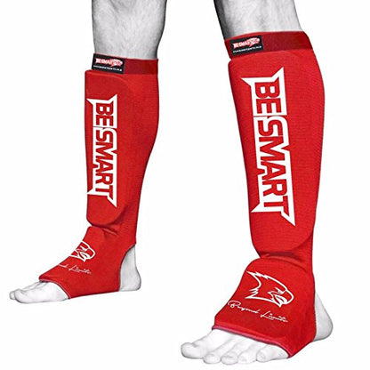 BS Shin Instep Pads MMA Leg Foot Guards Muay Thai Kick Boxing Guard Protector - color: Red, size: Large