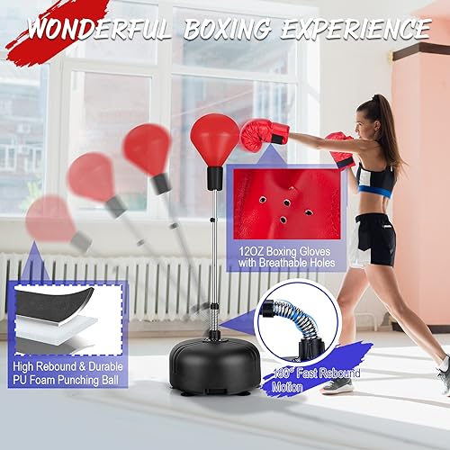 LDALY Punching Bag with Stand for Adults & Teens, Reflex Speed Bag with Gloves & 55”-62.5” Adjustable Height, Freestanding PU Boxing Bag for Home, Gym Workout Training, Stress Relief, Fitness - color: Red