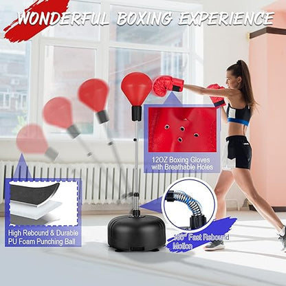 LDALY Punching Bag with Stand for Adults & Teens, Reflex Speed Bag with Gloves & 55”-62.5” Adjustable Height, Freestanding PU Boxing Bag for Home, Gym Workout Training, Stress Relief, Fitness - color: Red