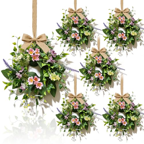 6 Pcs Small Spring Summer Hanging Wreaths for Cabinets Artificial Pink Flower Lavender Yellow Berry Mini Candle Ring Wreath with Greenery for Home Kitchen Front Door Window Porch Wall Wedding Decor - color: Summer Wreath