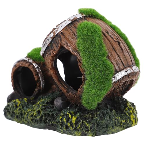 Resin Broken Barrel Aquarium Ornament with Moss Betta Fish Shrimp Hiding House Freshwater Shrimp Cave Fish Tank Decoration for Aquatic Pets