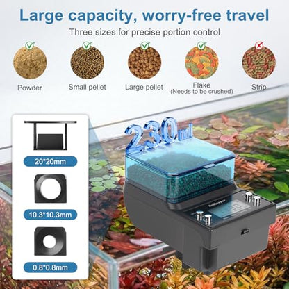 fishkeeper Automatic Fish Feeder Rechargeable, 3 Feeding Modes USB Aquarium Auto Dispenser for Pellets Flakes Powder, with Lithium Battery LCD Screen for Vacation Betta Turtle - Memory Function
