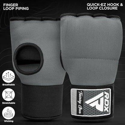 RDX Gel Boxing Hand Wraps Inner Gloves Men Women, Quick 100cm Long Wrist Straps, Elasticated Padded Fist Under Mitts Protection, Muay Thai MMA Kickboxing Martial Arts - color: Grey, size: Large