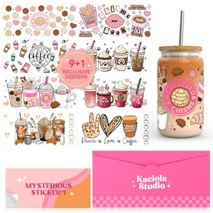 10 Sheets UV DTF Cup Wraps for 16 oz- Coffee Theme UV DTF Stickers, 1 Sheet Mysterious Pattern Transfer, Rub on Transfers Stickers for 16 oz Libbey Glasses Crafting - style: Coffee