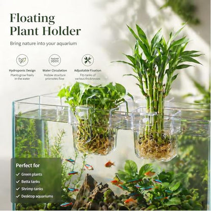 Chedin 2 Pack Clear Acrylic Aquarium Plant Holder, Hanging Fish Tank Planter with Adjustable Hooks, Hydroponic Plant Cup for Aquascaping, Betta Tank, Shrimp Tank & Aquarium Decoration