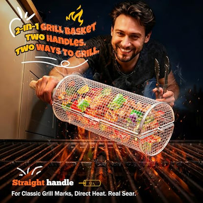 2-in-1 Rolling Grill Basket with Dual Handles, 304 Stainless Steel Rotatable BBQ Basket with Crank Handle & Straight Grip Handle, Grill Net for Vegetables, Shrimp & More, Gift Idea for Men, Dad, Husband