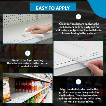 Corp. 50 Pack Shelf Dividers for Retail Stores, 1" H x 9-9/16" L, 15 mil Crystal Clear PVC Adhesive Mount Retail Shelf Separator, SD-1510