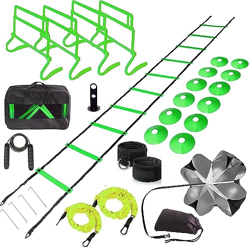 Adjustable Speed Training Hurdles Fitness & Speed Training Equipment with Agility Ladder - Plyometric Fitness & Speed Training – Hurdle/Obstacles for Soccer, Football, Track & Field - color: Green