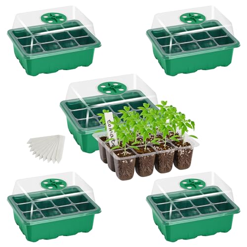 5-Pack Seed Starter Trays, Seed Starter Kit with Adjustable Humidity Dome and Base Indoor Greenhouse Mini Propagator for Seeds Growing Starting (12 Cells Per Tray, Green) - color: Green, size: 5 Packs, NO light