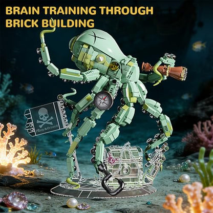 Steampunk Pirate Octopus Building Set for Adults, Mechanical Ocean Animal Collectible Model with Treasure Chest & Flag, Idea Gift for Teens Desk Decor Display -1128pcs