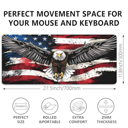 American Flag Mouse Pad,USA Bald Eagle Desk Pad,Large Extended Gaming Floral Mouse Mat with Stitched Edges,Non-Slip Rubber Base Mouspad for Office Work Home(27.5X11.8 in) - color: American Eagle Flag