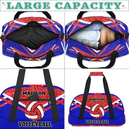 Custom Names Volleyball Bag, Red Bling Glittering with Royal Blue | Personalized Name Gymnastics Sport Bag Women (not real glitter) - color: Red Blue