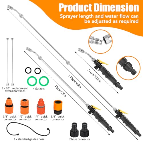 28'' Stainless Steel Replacement Sprayer Wand Set, Adjustable Metal Sprayer Wand with 2 Extension Wand & 1 Hose & 4 Gaskets & 2 Hose Connect and 4 Quick Connect, Leak-Proof & Ideal for Yard