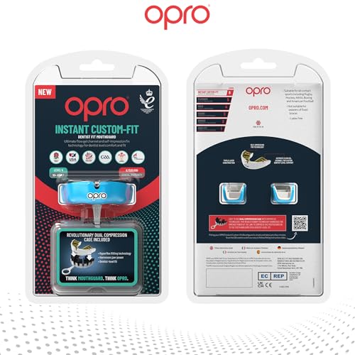 OPRO Instant Custom-Fit Mouthguard – Dentist Level Gum Shield Adult and Kids – OPRO Mouth Guard Boxing and MMA, Self-Fit Gum Shield Rugby – Maximum Protection with Dental Warranty (Sky Blue/White) - color: Sky Blue/White, size: Adult (10+)