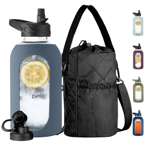 CIVAGO 64 oz Glass Water Bottle with Straw and Insulated Bottle Holder | Half Gallon Motivational Water Jug with Time Marker and Silicone Sleeve, Large Leakproof Water Flask with 2 Lids, Smog Blue - color: Smog Blue, size: 64 Ounces