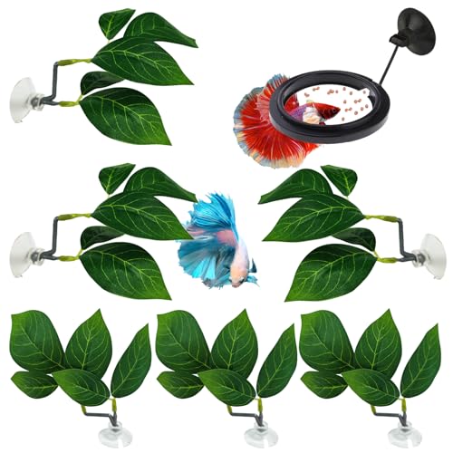 6 PCS Betta Leaf Hammocks & Feeding Ring, Betta Feeding Ring with Suction Cups, Aquarium Leaf Hammock Resting Bed for Fish Spawning, Breeding & Tank Decor & Fish Tank Accessories