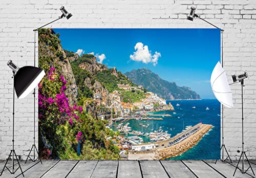 BELECO 8x6ft Italy Landscape Backdrop for Photography Amalfi Town at Famous Amalfi Coast Green Mountain Houses Blue Ocean Background Italian Theme Party Decorations Studio Photo Props Wallpaper