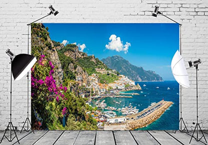 BELECO 8x6ft Italy Landscape Backdrop for Photography Amalfi Town at Famous Amalfi Coast Green Mountain Houses Blue Ocean Background Italian Theme Party Decorations Studio Photo Props Wallpaper