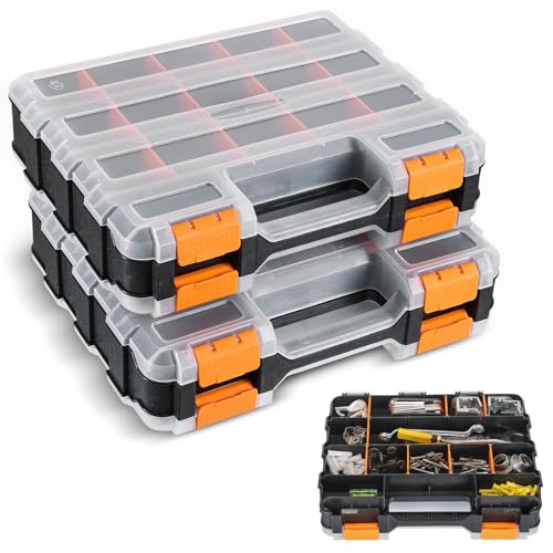 2 Pack Small Parts Organizers, 34-Compartments Double-Sided Tool Box with Removable Dividers for Hardware, Screws, Bolts, Nails & Fishing Accessories, Durable Plastic Storage Case (Orange) - color: Orange