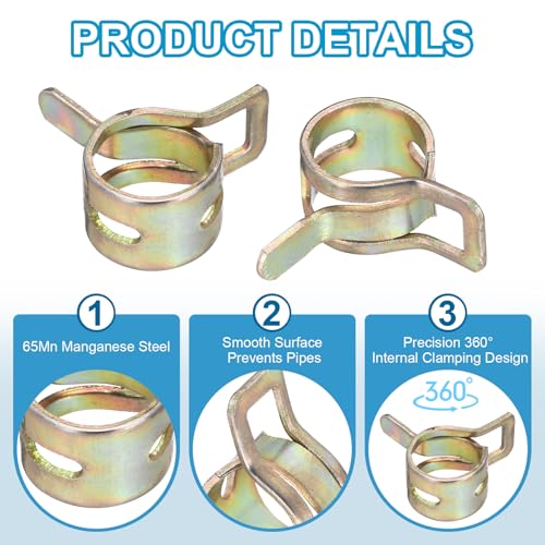 PATIKIL Spring Band Hose Clamps for 10.5-11.2mm OD Hose, 20 Pack Silicone Vacuum Constant Tension Band Clips for Fuel Line Silicone Air Hose Tube Water Pipe, Gold