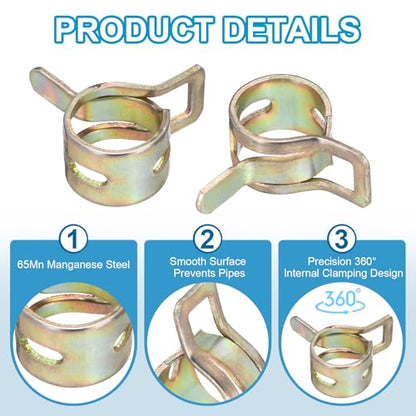 PATIKIL Spring Band Hose Clamps for 10.5-11.2mm OD Hose, 20 Pack Silicone Vacuum Constant Tension Band Clips for Fuel Line Silicone Air Hose Tube Water Pipe, Gold
