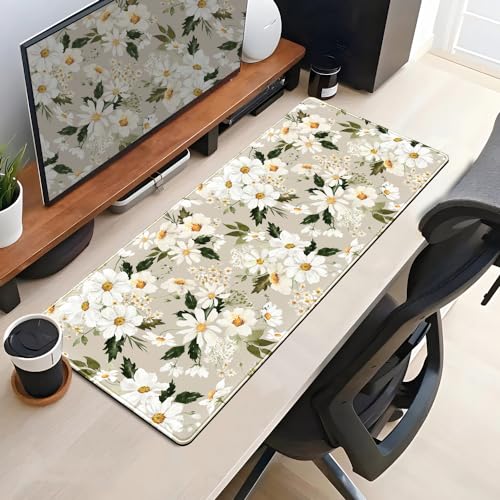 Daisy Floral Daisies Large Mouse Pad Watercolor Flowers Desk Mat, Washable Mousepad LYC Cloth Stitched Edges Women Girls Gaming Mousepad Computer Pc Laptop Desk Mat 31.5 X 11.8 in - color: Beige