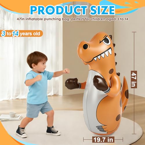 Inflatable Dinosaur Punching Bag for Kids, 47" Toddler Blow up Bop Bag for Ages 3-14, Children Boxing Toys & Gifts with Bounce-Back Action